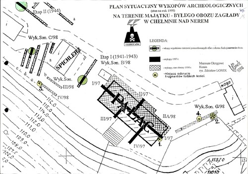 Plan sytuacyjny wykopów archeologicznych na terenie dawnego niemieckiego obozu zagłady <i>Kulmhof</i>. 1998, z materiałów śledztwa. Z zasobu IPN