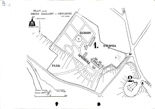 Ogólny plan terenu dawnego niemieckiego obozu zagłady <i>Kulmhof</i>. 1998, z materiałów śledztwa. Z zasobu IPN
