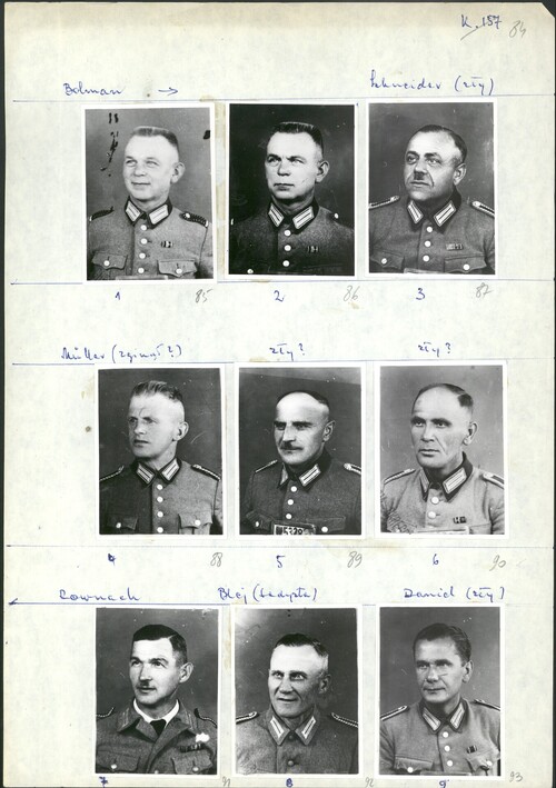 Karta poglądowa z fotografiami funkcjonariuszy niemieckich analizowanych w kontekście zbrodni dokonywanych przez Niemców w obozie zagłady <i>Kulmhof</i>. Charakterystyczne adnotacje śledczych. Z materiałów śledztwa, którym objęty był Henryk Mania. Z zasobu IPN