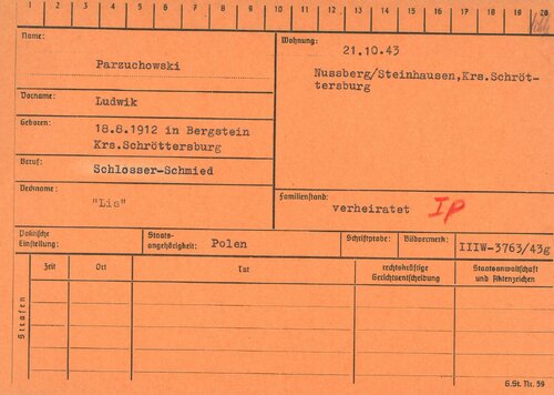 Karta z kartoteki Ludwika Parzuchowskiego „Lisa”, ujętego przez Niemców 21 października 1943 r. w związku z likwidacją przez AK konfidenta gestapo. Z zasobu IPN