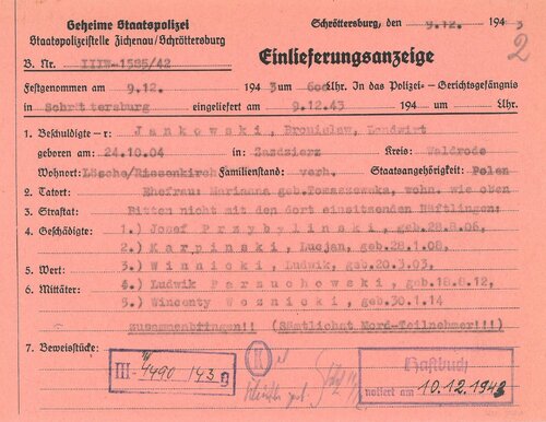 Dokument potwierdzający przyjęcie do niemieckiego więzienia w Płocku Bronisława Jankowskiego „Sikorki”, ujętego przez Niemców 9 grudnia 1943 r. w związku z likwidacją konfidenta gestapo. Z zasobu IPN