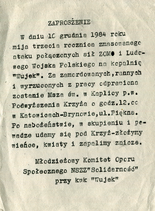 Ulotka – zaproszenie na Mszę św. 16 grudnia 1984 r. (fot. Archiwum Śląskiego Centrum Wolności i Solidarności)