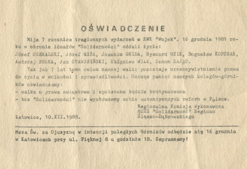 Oświadczenie Solidarności, 1988 r. (fot. Archiwum Śląskiego Centrum Wolności i Solidarności)