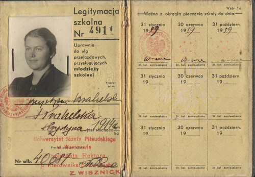 Legitymacja studencka Krystyny Krahelskiej, wystawiona przez Uniwersytet Józefa Piłsudskiego w Warszawie, 1938. Ze zbiorów AAN
