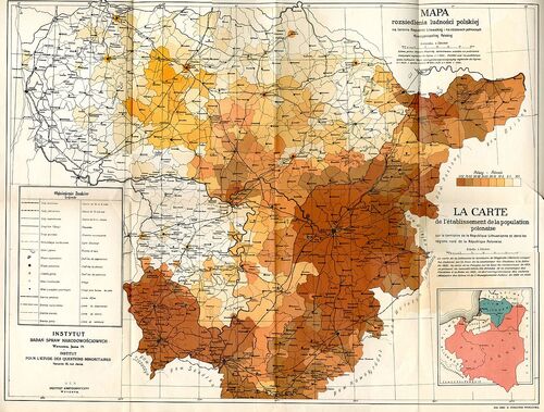 Mapa rozsiedlenia ludności polskiej na terenie Litwy na podstawie wyborów do parlamentu Litwy w 1923 r., spisu ludności w 1921 r. i wyborów do Sejmu w 1922 r. Instytut Badań Spraw Narodowościowych, 1929 r.