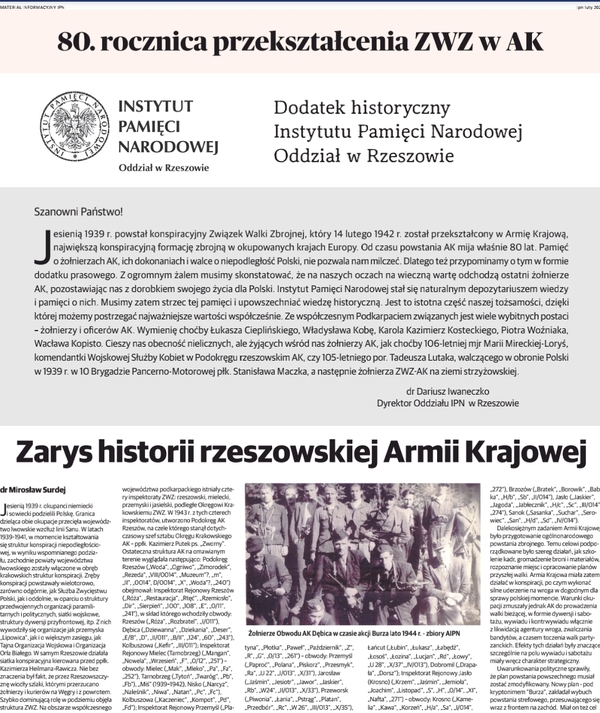 Dodatek prasowy Oddziału IPN w Rzeszowie „80. rocznica przekształcenia struktur zbrojnych Polskiego Państwa Podziemnego ZWZ w AK”