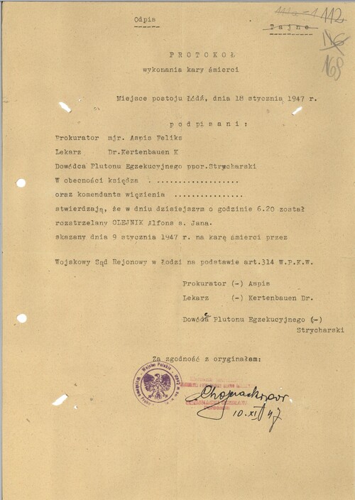 Odpis protokołu wykonania kary śmierci na Alfonsie Olejniku z 18 stycznia 1947 r. Z zasobu IPN
