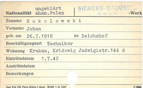 Przykładowa kartoteka osobowa robotników przymusowych (w tym przypadku w zakładach Siemens Stuckertwerke z Berlina)