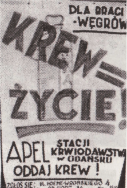 Apel o krew dla braci Węgrów powieszony na budynku Akademii Medycznej w Gdańsku, październik 1956 r. (fot. ze zbiorów Czesława Skonki)
