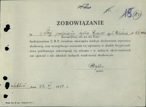 Zobowiązanie Ryszarda Trąbki do zachowania tajemnic Urzędu Bezpieczeństwa, 1949. Z zasobu IPN