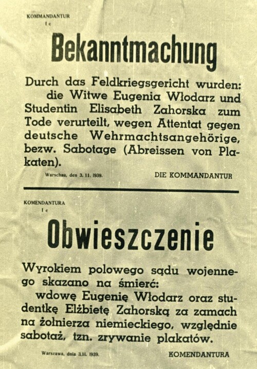 Okupacyjne obwieszczenie (w językach niemieckim i polskim) z 3 listopada 1939 r. dotyczące informacji o wykonaniu przez Niemców wyroku śmierci na Eugenii Włodarz i Elżbiecie Zahorskiej