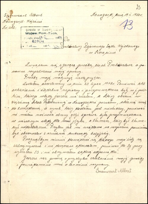Prośba Alberta Snauwaerta do wojskowej prokuratury w Szczecinie o ponowne rozpatrzenie jego sprawy, napisana przez niego w 1950 r. w więzieniu w Nowogardzie, podczas odbywania kary więzienia. Z zasobu IPN