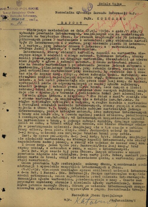 Raport komendanta Obozu Specjalnego w Skrobowie, mjr. Kałasznikowa, dotyczący przebiegu ucieczki więźniów w dniu 27 marca 1945 r. (ze zbiorów Archiwum IPN)