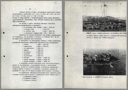 Fragmenty opracowania „Francuska Legia Cudzoziemska” przygotowanego przez MSW PRL w 1987 r.: opis zarobków w Legii (z lewej) oraz reprodukcje fotografii ukazujących bazę 2. Cudzoziemskiego Pułku Spadochronowego w Calvi na Korsyce (z prawej). SB uznawała byłych legionistów „za szczególne zagrożenie ze względu na odbyte w Legii przeszkolenie specjalne” i podejrzewała ich o współpracę z francuskim wywiadem. Z zasobu IPN