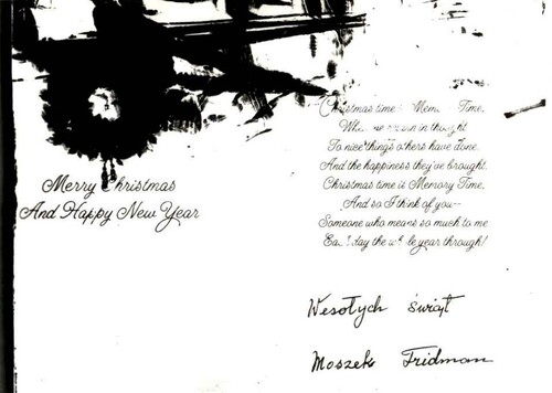 Kartka świąteczna przesłana Leśniakom przez Moszka Fridmana. Z zasobu IPN