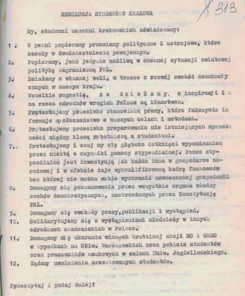 Rezolucja studentów krakowskich podczas Marca 1968. Z zasobu IPN