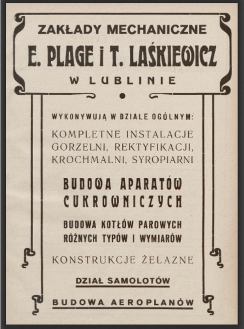 Reklama Zakładów Mechanicznych E. Plage i T. Laśkiewicz w Lublinie zamieszczona na łamach czasopisma „Lot”. („Lot”, r. 1923, nr 1)