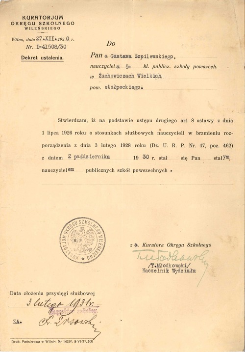 Pisma Kuratorium Okręgu Szkolnego Wileńskiego z dnia 27 grudnia 1930 r., skierowane do Gustawa Szpilewskiego