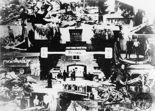 Kompozycja fotografii przedstawiających sceny z KL Dachau, m.in. brama wjazdowa do obozu, stosy ciał zamordowanych ludzi, a wśród nich skierowani do pracy więźniowie, piece krematoryjne.