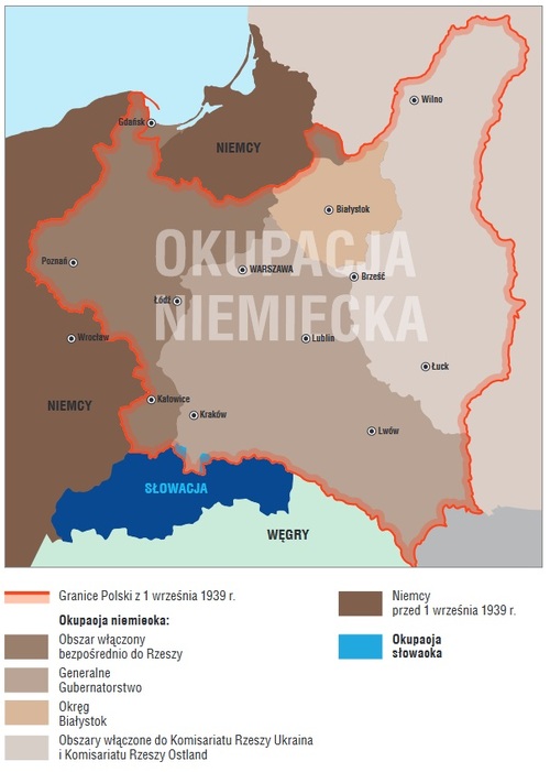 Okupacja terytorium RP w latach 1941–1944. Grafika przedstawiająca: granice Polski 1 września 1939 r. oraz obszary okupacji niemieckiej i słowackiej.
