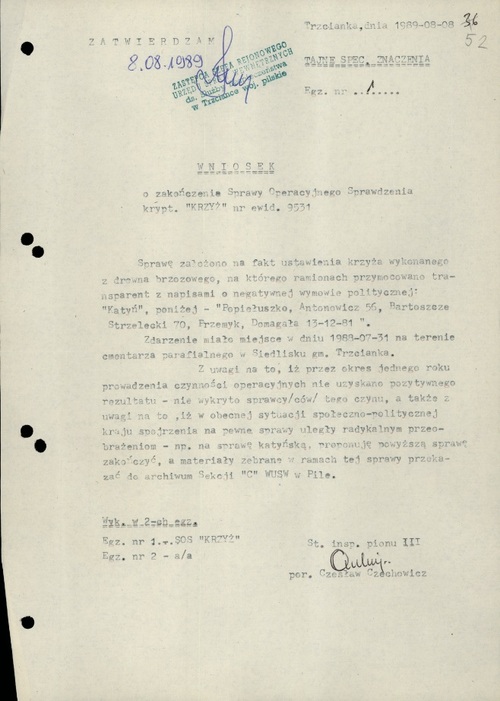 Wniosek o zakończenie SOS kryptonim „Krzyż”, 8 VIII 1989 r., ze zb. Archiwum IPN w Poznaniu