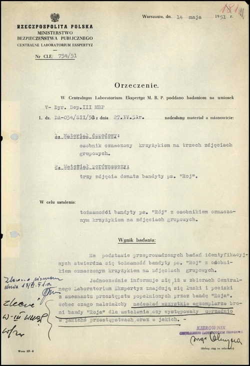 Orzeczenie Centralnego Laboratorium Ekspertyz z dnia 14 maja 1951 r. (Ze zbiorów AIPN)