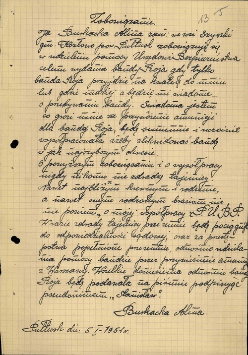 Zobowiązanie Aliny Burkackiej do współpracy z Urzędem Bezpieczeństwa, 5 stycznia 1951 r. (Ze zbiorów AIPN)