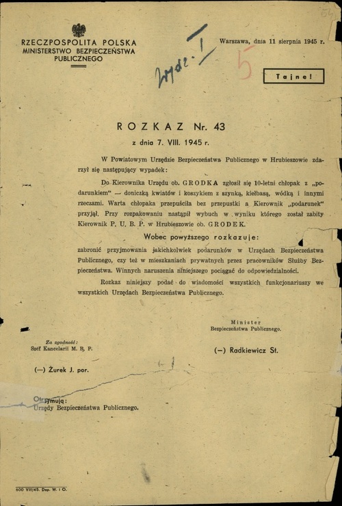 Rozkaz nr 43 Ministra Bezpieczeństwa Publicznego z 7 sierpnia 1945 r. Z zasobu IPN