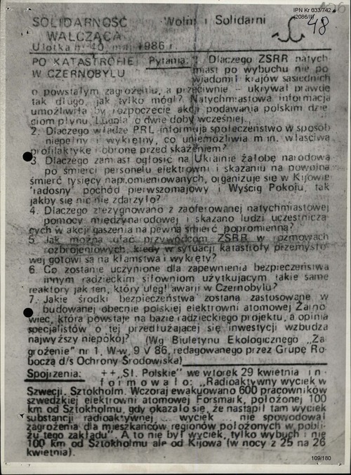 Kopia ulotki Solidarności Walczącej (maj 1986 r.) dotyczącej m.in. katastrofy w Czarnobylu (s. 1). Z zasobu IPN