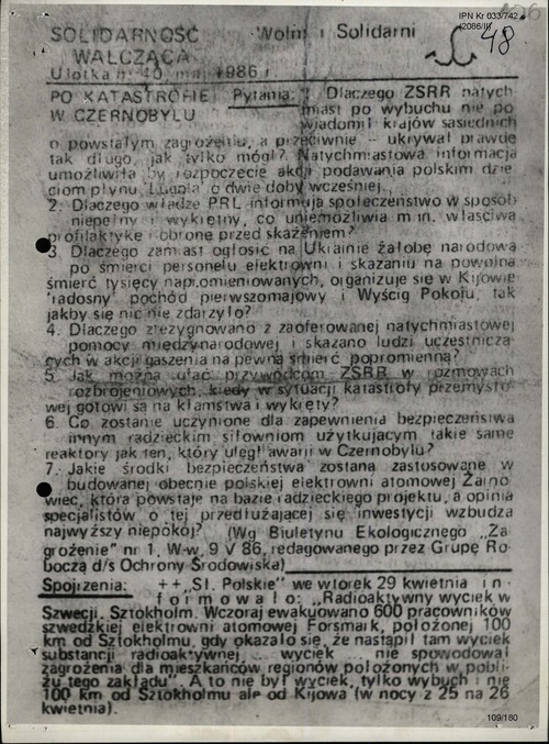 Kopia ulotki Solidarności Walczącej (maj 1986 r.) dotyczącej m.in. katastrofy w Czarnobylu (s. 1). Z zasobu IPN