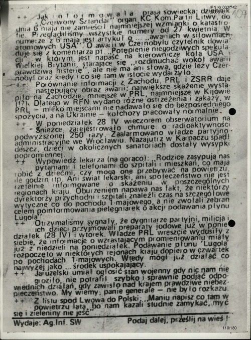 Kopia ulotki Solidarności Walczącej (maj 1986 r.) dotyczącej m.in. katastrofy w Czarnobylu (s. 2). Z zasobu IPN