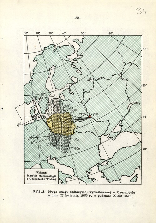 Mapa trajektorii chmury radioaktywnej wyemitowanej po katastrofie w elektrowni atomowej w Czarnobylu, stan na 27 kwietnia 1986 r. o godz. 00.00. Z <i>Raportu Komisji Rządowej</i> powołanej przez reżim PRL. Z zasobu IPN
