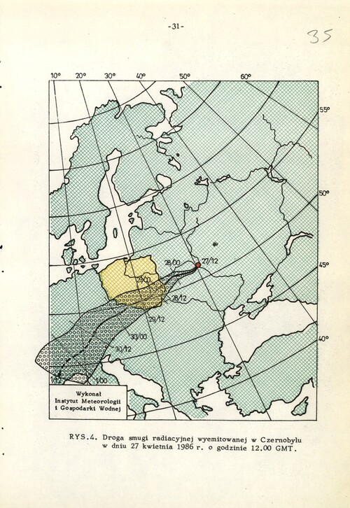 Mapa trajektorii chmury radioaktywnej wyemitowanej po katastrofie w elektrowni atomowej w Czarnobylu, stan na 27 kwietnia 1986 r. o godz. 12.00. Z <i>Raportu Komisji Rządowej</i> powołanej przez reżim PRL. Z zasobu IPN