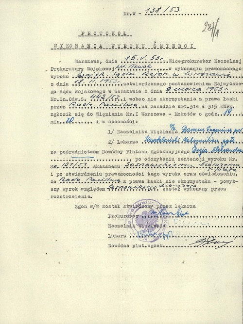 Protokół wykonania wyroku śmierci na Dionizym Sosnowskim 15 maja 1953 r. Z zasobu IPN