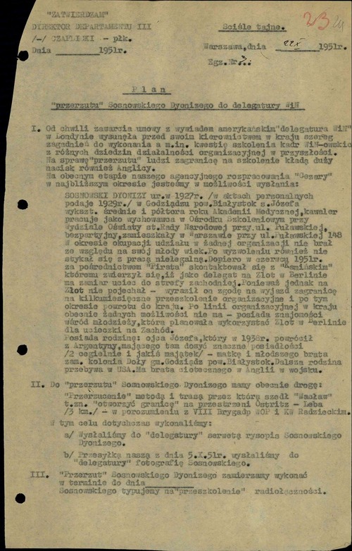 Plan przerzutu Dionizego Sosnowskiego do Delegatury WiN opracowany przez Departament III MBP, 22 października 1952 r. Z zasobu IPN