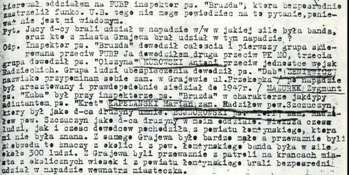 Fragmenty zeznania Franciszka Warzyńskiego ps. „Wawer” zawierające opis akcji zajęcia Grajewa (ze zbiorów AIPN)