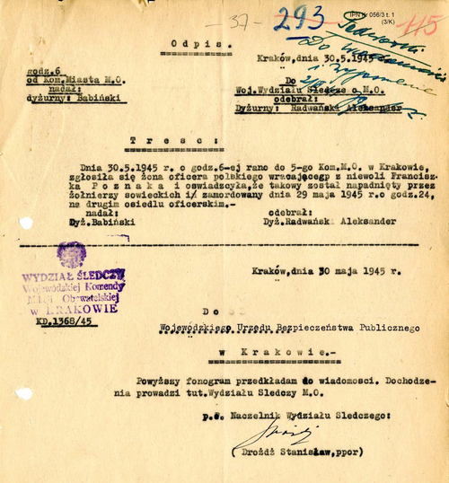 Informacja o zamordowaniu polskiego oficera przez żołnierzy sowieckich, Kraków, 1945 r. Fot. AIPN