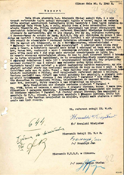 Raport o rozprawie sowieckiego NKWD z polskimi ubekami, Olkusz, 1945 r. Fot. AIPN