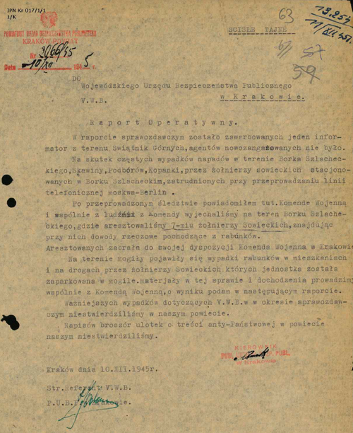 Raport o aresztowaniu żołnierzy sowieckich za grabież mienia, Kraków, 1945 r. Fot. AIPN