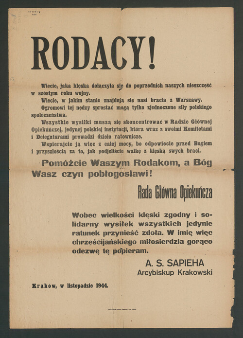 Afisz Głównej Rady Opiekuńczej z wezwaniem metropolity krakowskiego, listopad 1944 r.