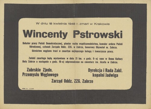 Jeden z nekrologów ogłoszonych po śmierci Wincentego Pstrowskiego. Ze zbiorów BN - polona.pl
