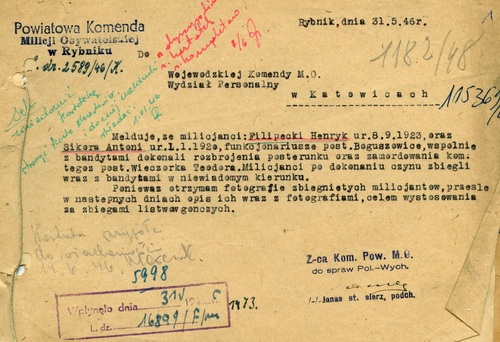 Dokument maszynopisowy wystawiony pod datą 31 maja 1946 r. Opatrzony pieczęcią Powiatowej Komendy Milicji Obywatelskiej w Rybniku.