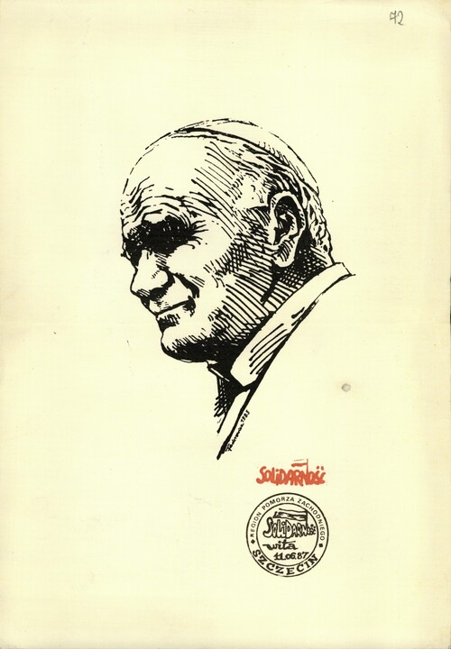 Grafika z wizerunkiem głowy Jana Pawła II. Na grafice także, pisany solidarycą, wyraz „Solidarność” oraz okolicznościowy stempel.