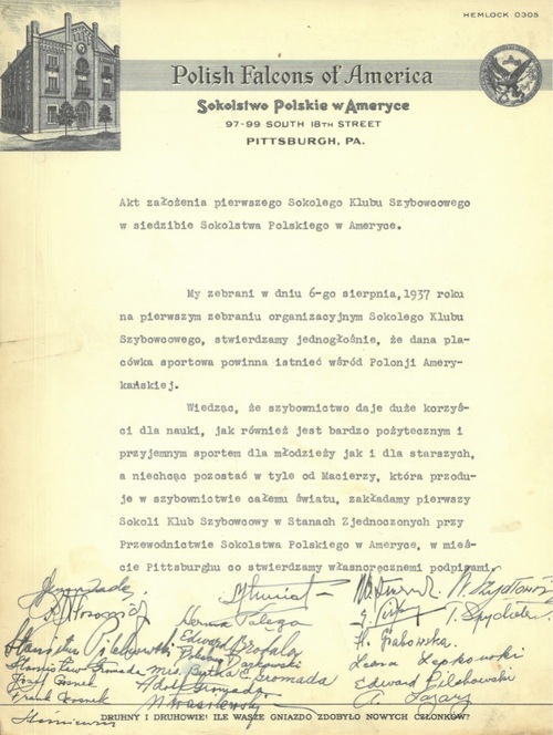 Maszynopis z podpisami złożonymi 6 sierpnia 1937 r. w Pittsburghu.