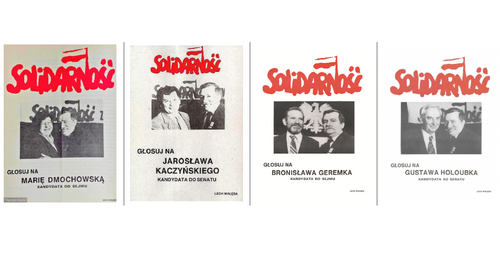 Zestawienie czterech plakatów. Na każdym z nich widoczny napis &amp;quot;Solidarność&amp;quot; (wykonany charakterystyczną czcionką, tzw. solidaryca) i czarno-białe zdjęcie kandydata z Lechem Wałęsą