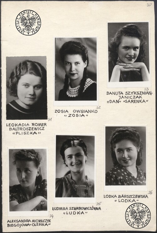 Plansza ze zdjęciami portretowymi sześciu młodych kobiet uczesanych w stylu z okresu międzywojennego.