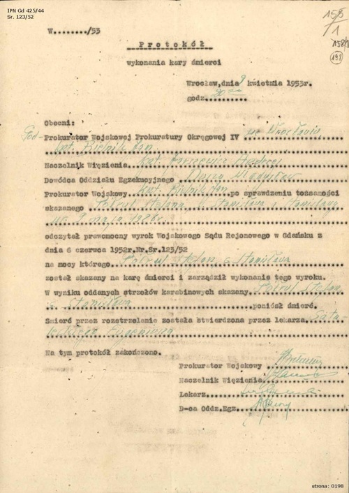 Protokół wykonania kary śmierci z dn. 3 kwietnia 1953 r. Dane dotyczące zamordowania Stefana Półrula zapisane odręcznie w treści maszynopisowego formularza.
