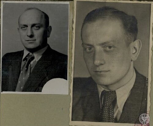 Dwie fotografie portretowe mężczyzny ubranego w garnitur, o zaciętym wyrazie twarzy.
