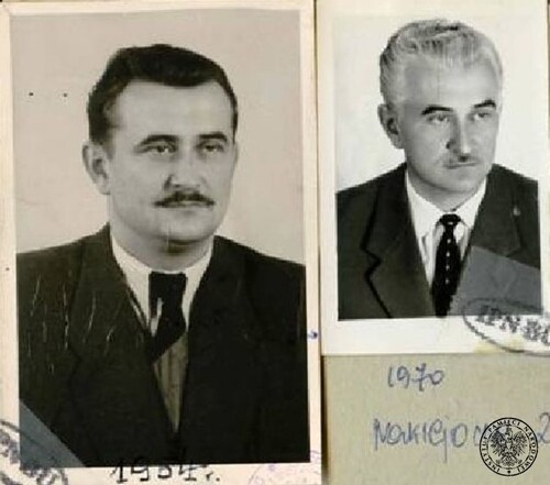 Dwie fotografie portretowe mężczyzny z wąsami o pewnym siebie wyrazie twarzy, ubranego w garnitur. Na jednej fotografii mężczyzna ma ciemne, na drugiej - siwe włosy.