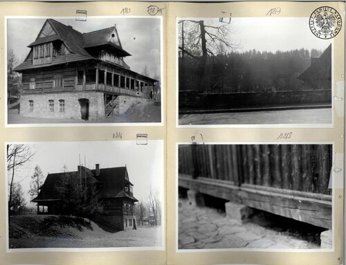 Karta z czterema fotografiami przedstawiajacymi budynek w stylu zakopiańskim w różnych ujęciach